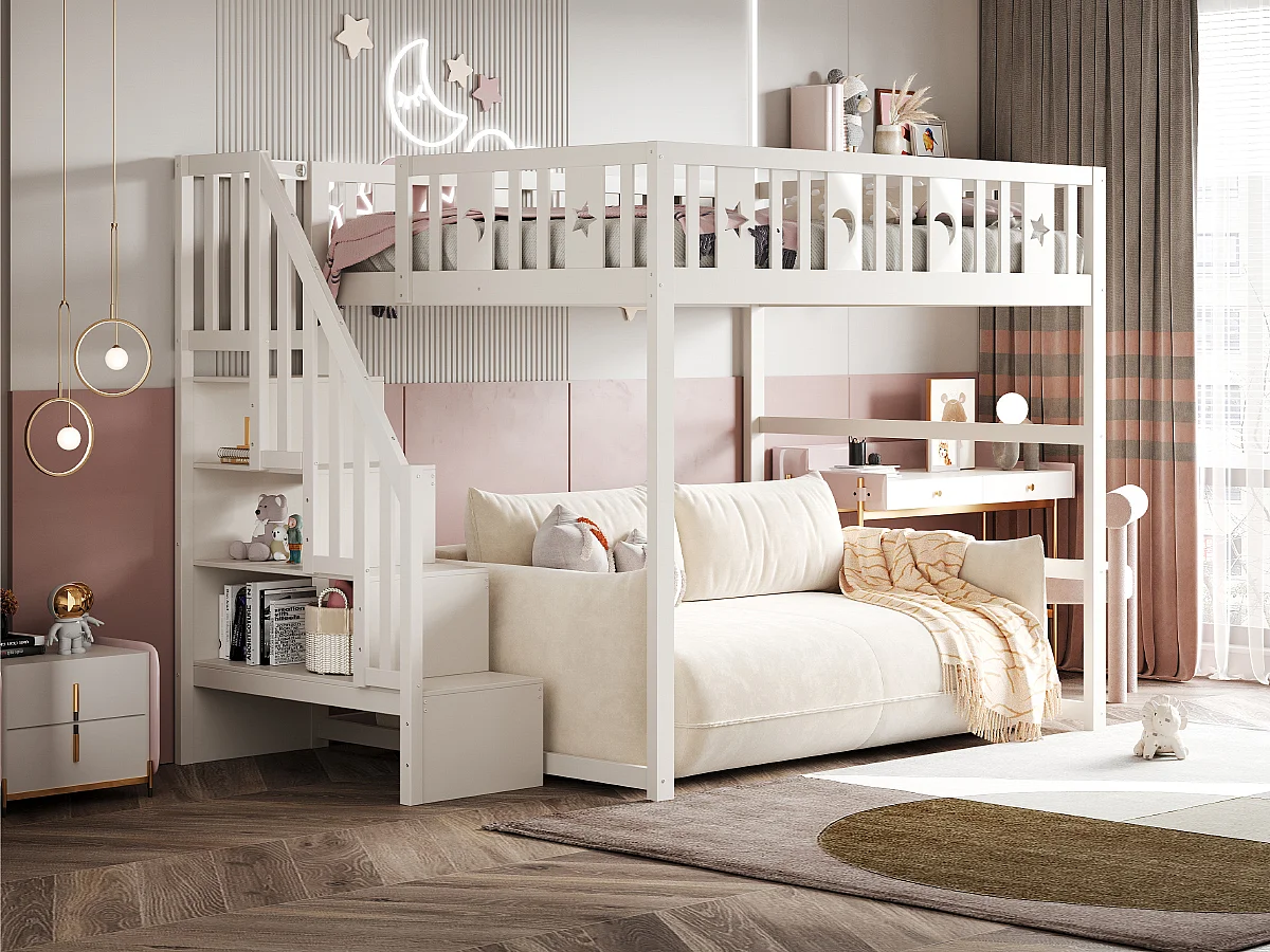 Lit mezzanine enfant - 140 x 200 - avec rangement dans l'escalier + barrière de sécurité - bois + MDF - blanc