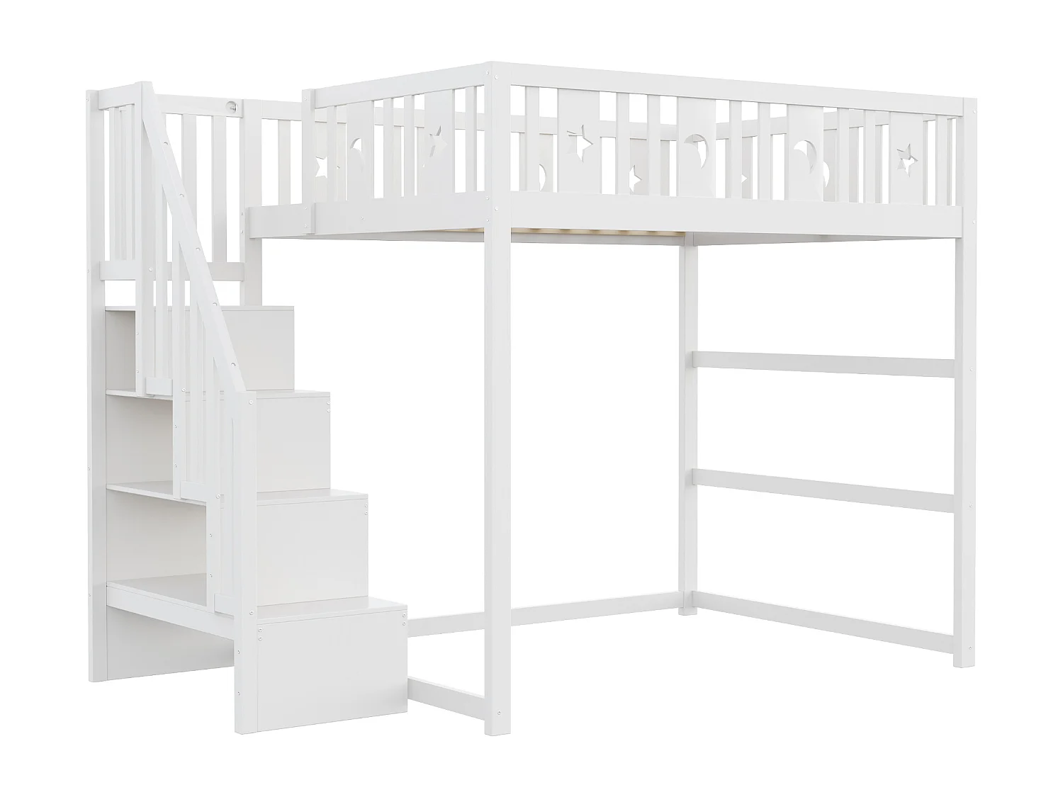 Lit mezzanine enfant - 140 x 200 - avec rangement dans l'escalier + barrière de sécurité - bois + MDF - blanc