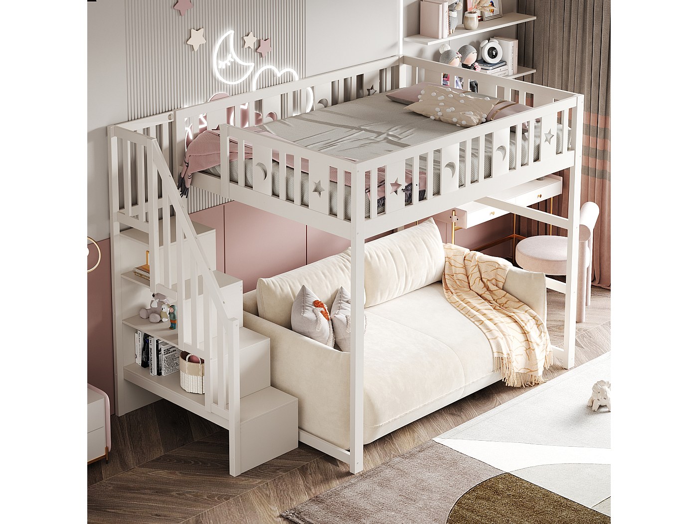 Letto A Soppalco 2 Posti 140x200 Cm Con Scrivania, Armadio E Scale Contenitore - Bianco/Nero - 4
