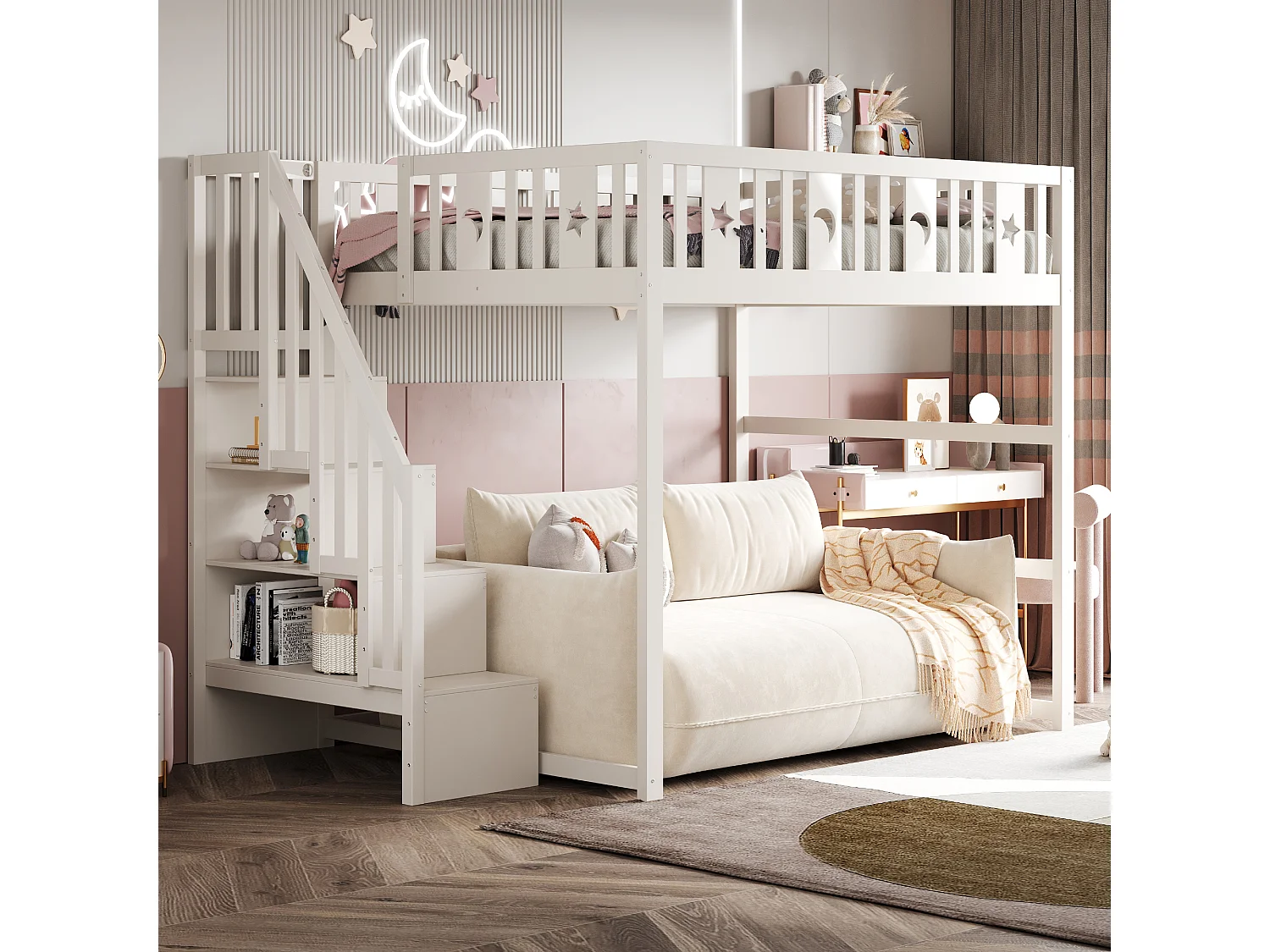 Letto a soppalco per bambini - 140 x 200 - con contenitore nelle scale + barriera di sicurezza - legno + MDF - bianco
