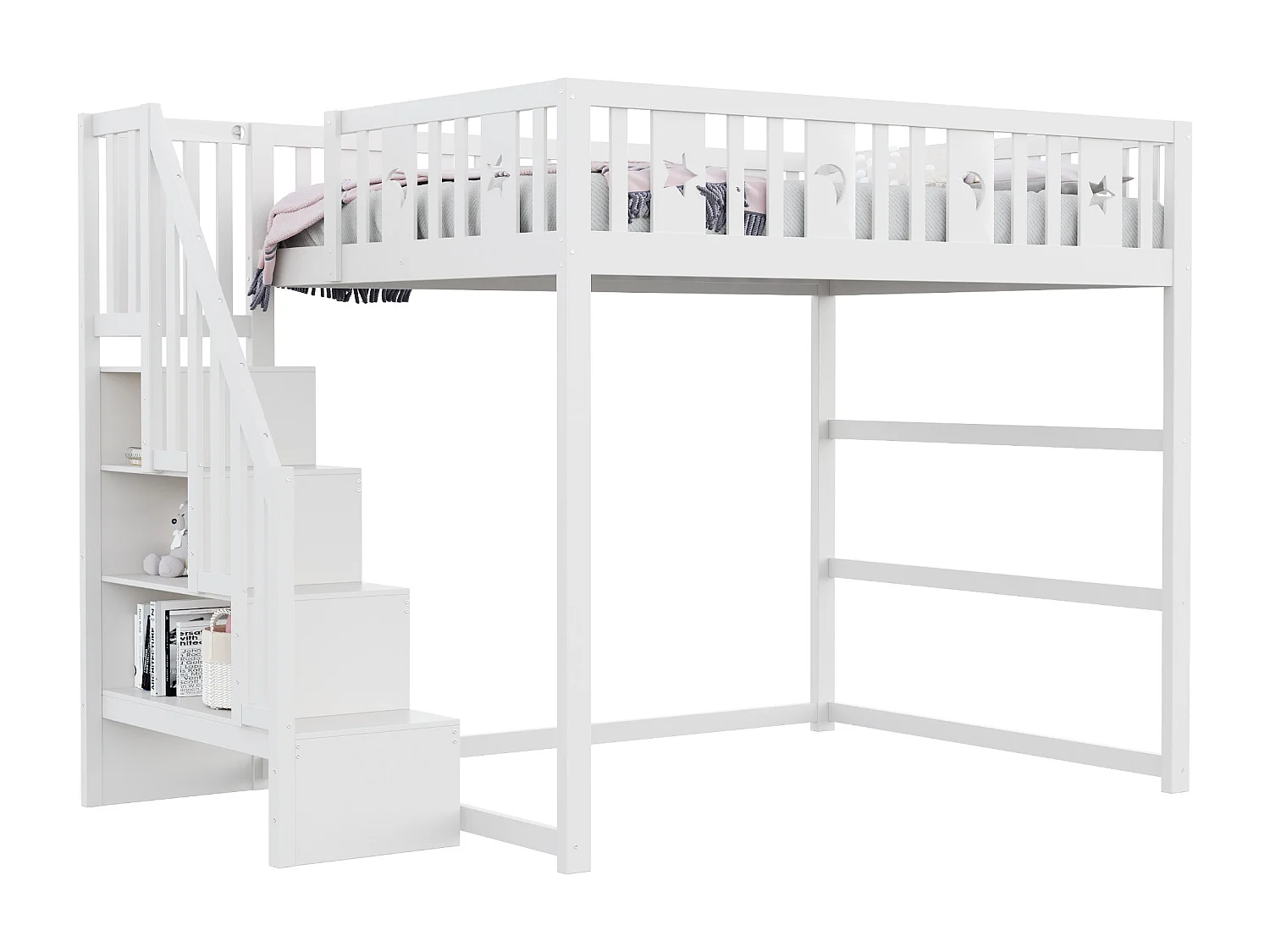 Letto a soppalco per bambini - 140 x 200 - con contenitore nelle scale + barriera di sicurezza - legno + MDF - bianco