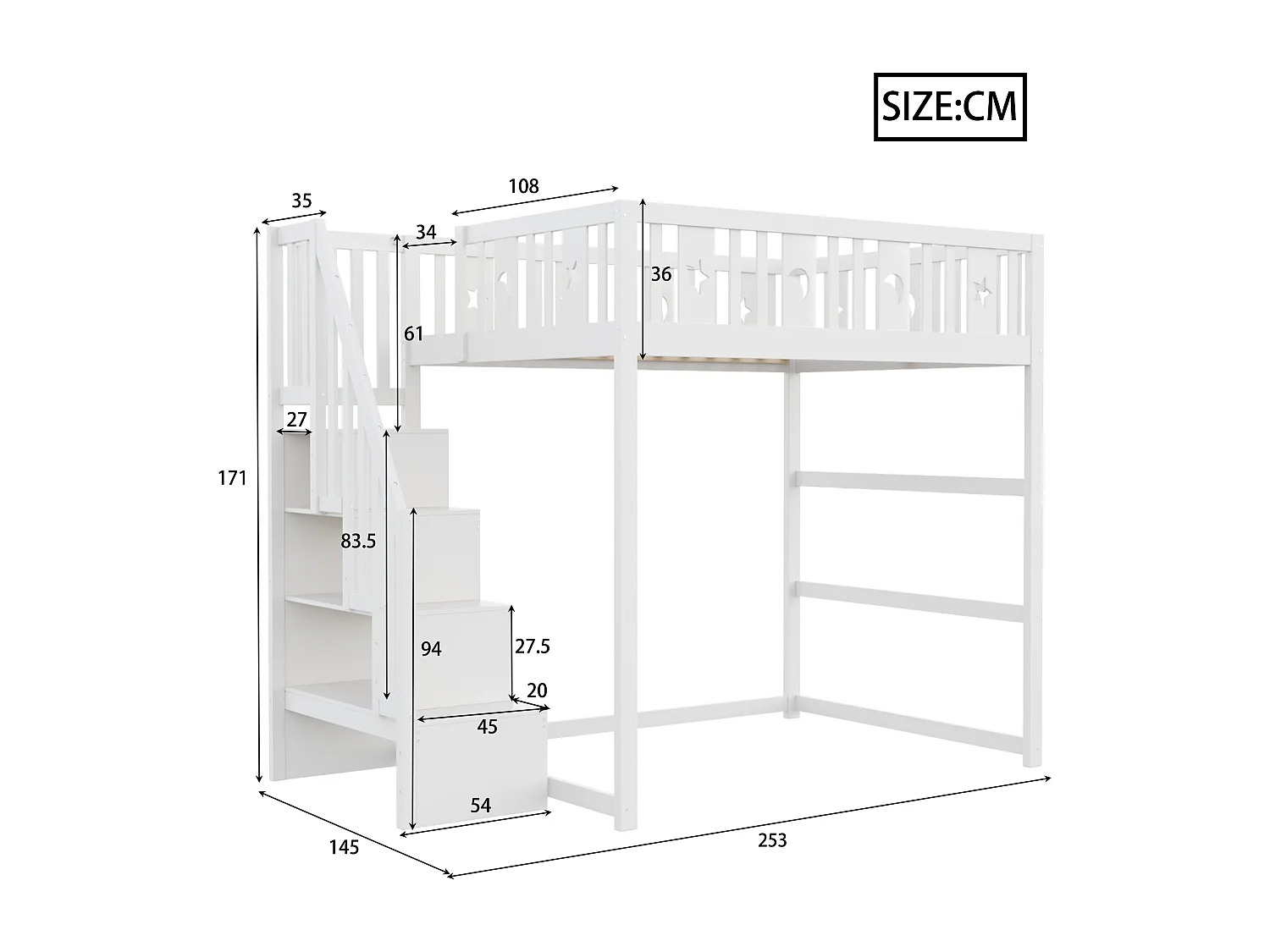 Letto a soppalco per bambini - 140 x 200 - con contenitore nelle scale + barriera di sicurezza - legno + MDF - bianco