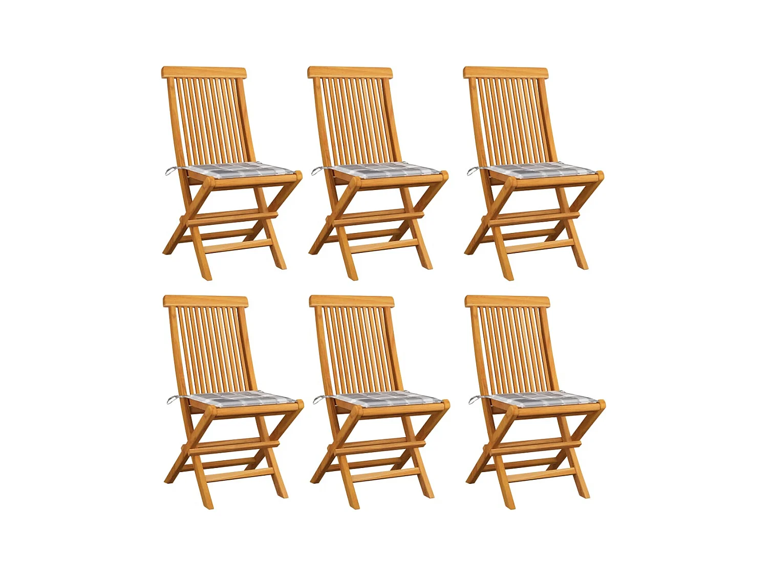 Chaises de jardin et coussins à carreaux gris 6 pcs Teck massif 2