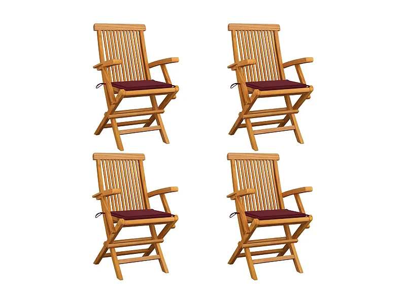 Chaises de jardin avec coussins rouge bordeaux 4pcs Teck massif 3