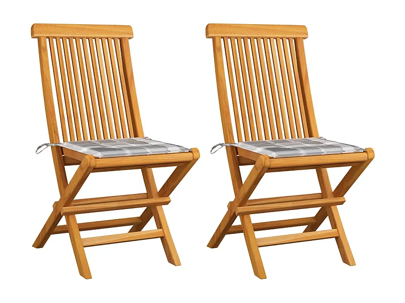 Chaises de jardin 2 pcs avec coussins à carreaux gris Teck 2