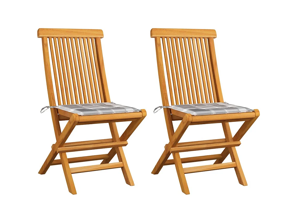 Chaises de jardin 2 pcs avec coussins à carreaux gris Teck 2