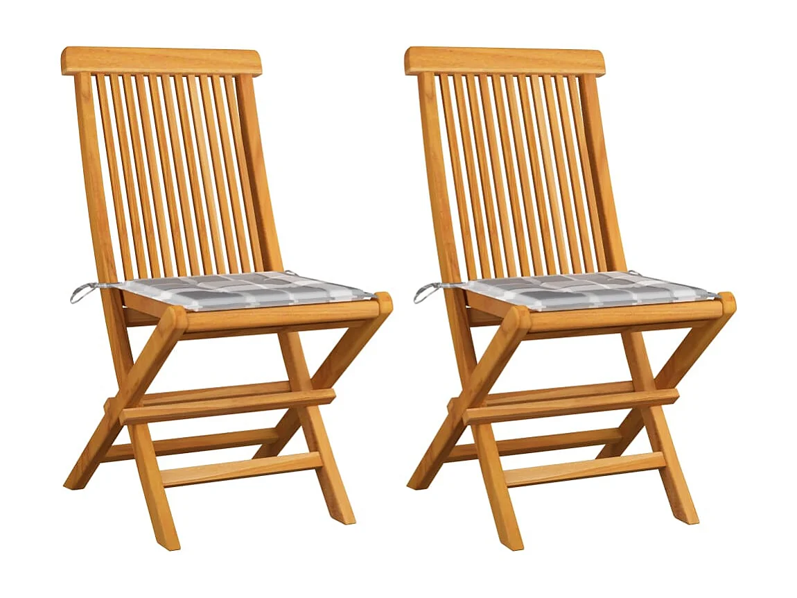 Chaises de jardin 2 pcs avec coussins à carreaux gris Teck 2