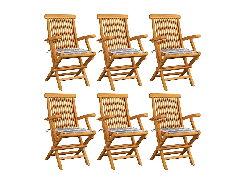 Chaises de jardin et coussins à carreaux gris 6 pcs Teck massif