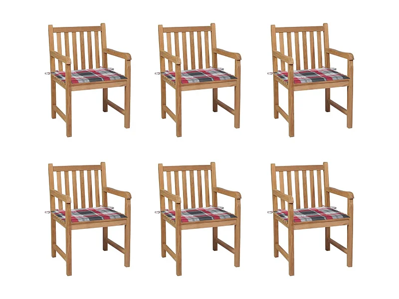 Chaises de jardin 6 pcs et coussins carreaux rouge Bois de teck