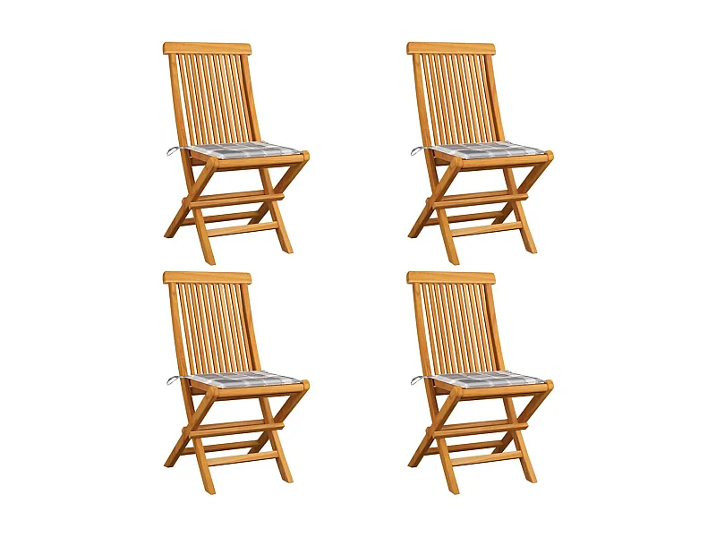 Chaises de jardin et coussins à carreaux gris 4 pcs Teck massif 2