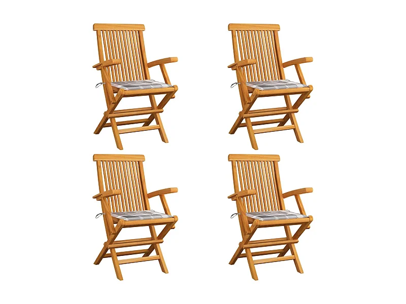 Chaises de jardin et coussins à carreaux gris 4 pcs Teck massif