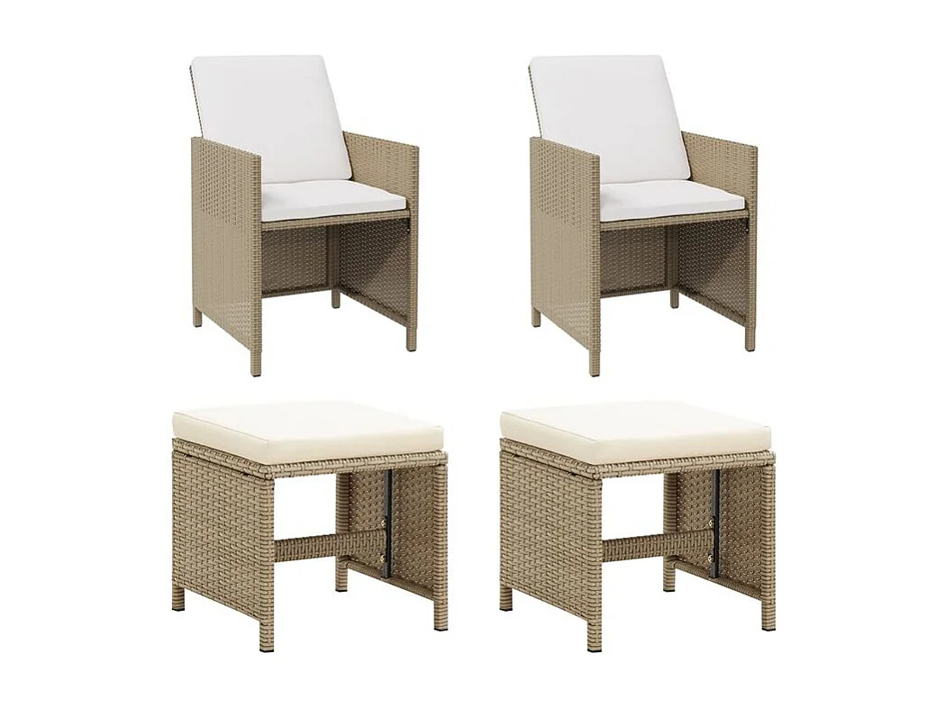 Chaises de jardin avec tabourets 2 pcs Résine tressée Beige