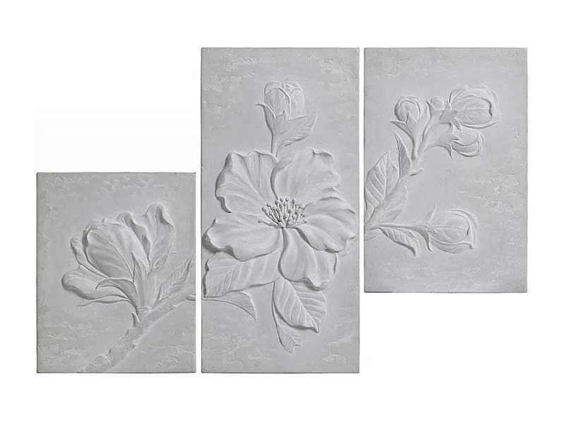 Triptyque en béton motif floral en relief Pierre Gris - Charme Interior's