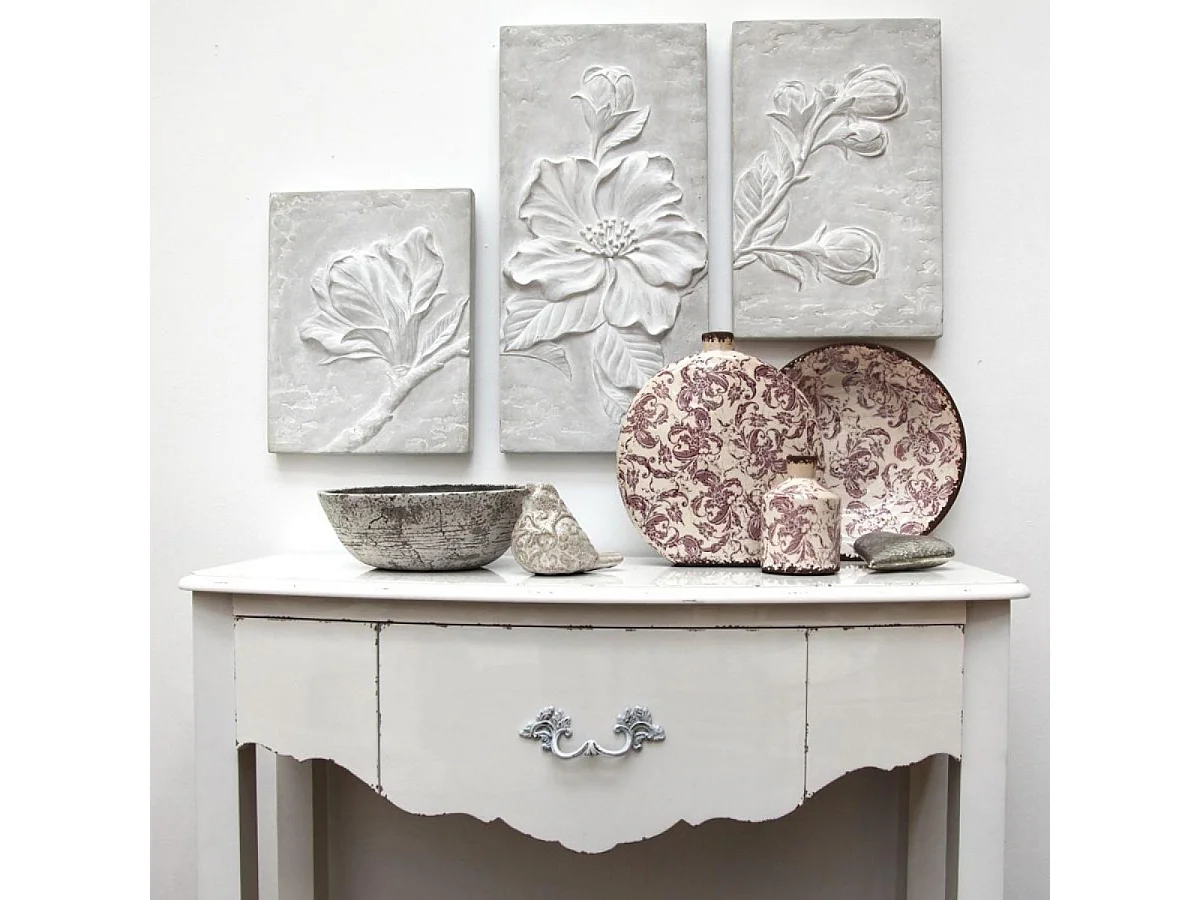 Triptyque en béton motif floral en relief Pierre Gris - Charme Interior's