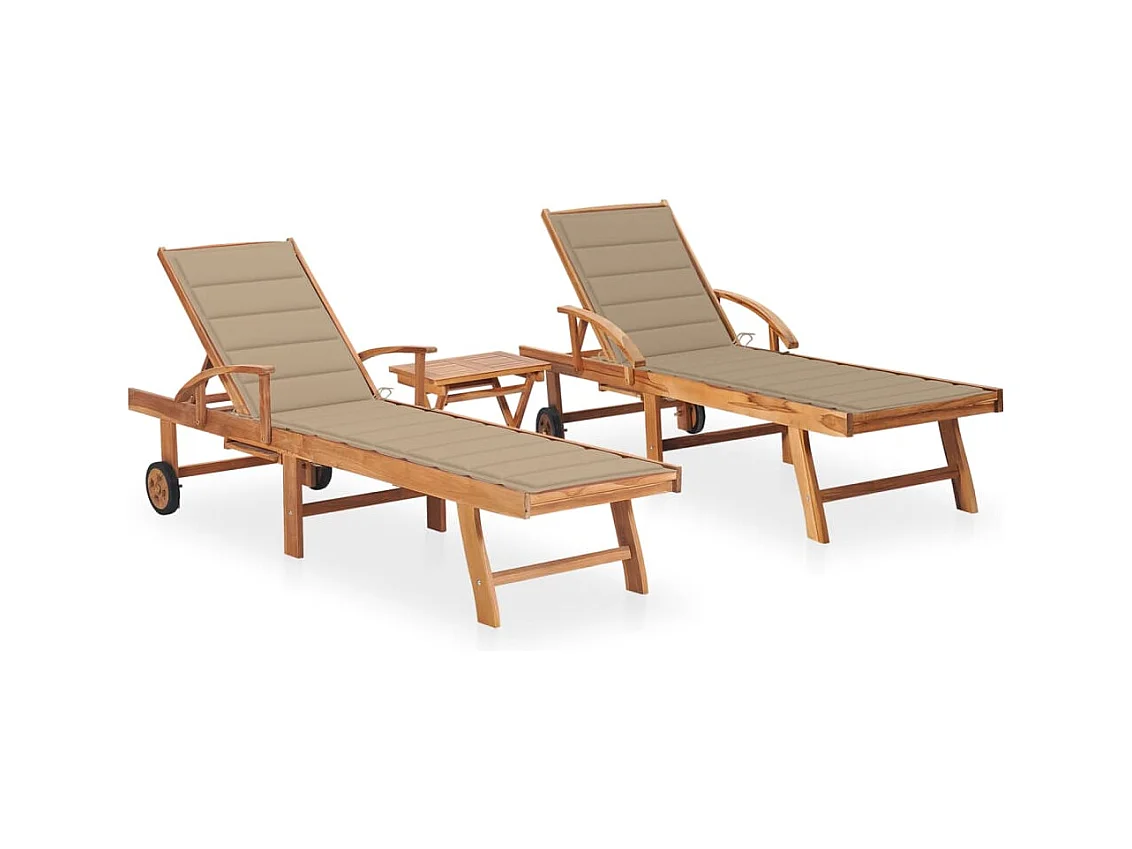 Chaises longues 2 pcs avec table et coussin Bois de teck solide 10