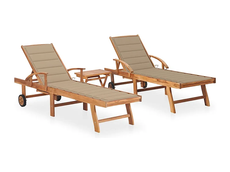 Chaises longues 2 pcs avec table et coussin Bois de teck solide 10