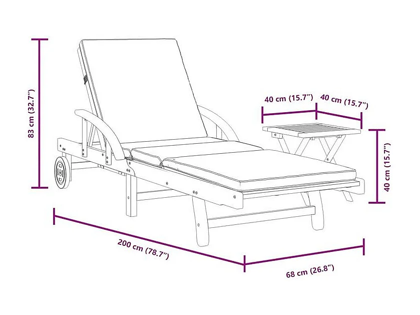Chaise longue avec coussin et table bois d'acacia massif