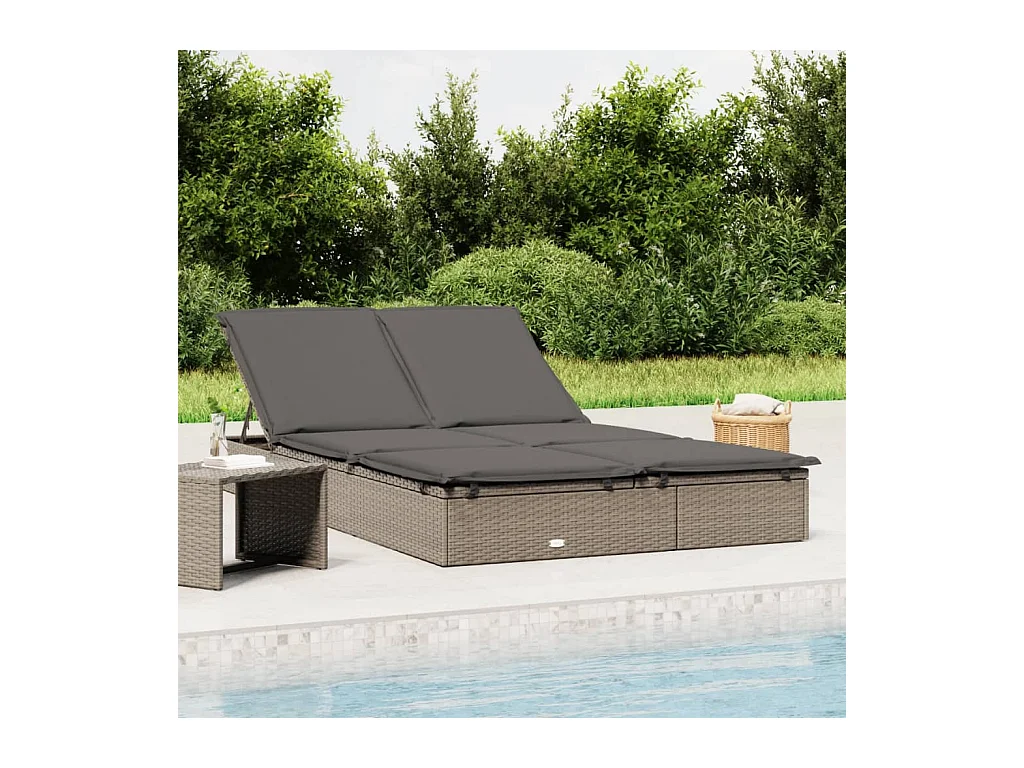 Chaise longue à 2 places avec coussins gris résine tressée