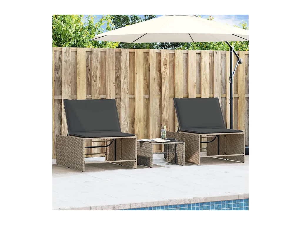 Chaises longues lot de 2 avec table gris résine tressée