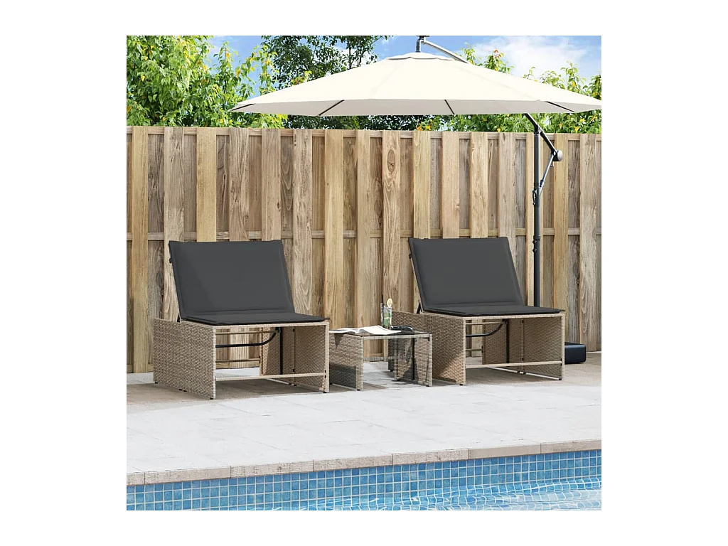 Chaises longues lot de 2 avec table gris résine tressée