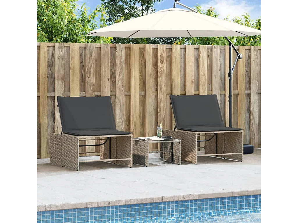 Chaises longues lot de 2 avec table gris résine tressée