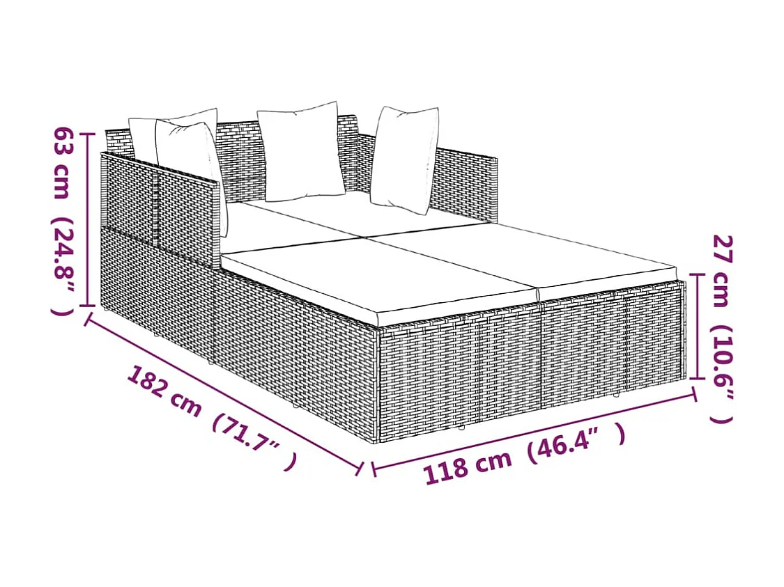Chaise longue avec coussins marron 182x118x63 résine tressée