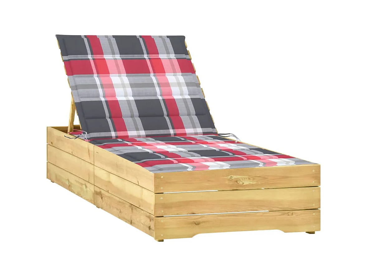 Chaise longue avec coussin carreaux rouge Bois de pin imprégné 2