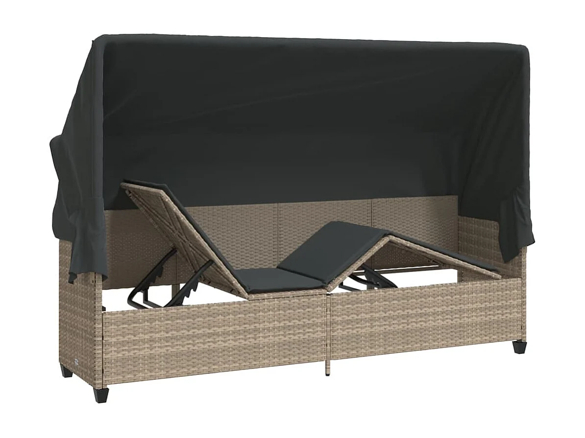 Chaise longue avec auvent et coussins gris clair résine tressée