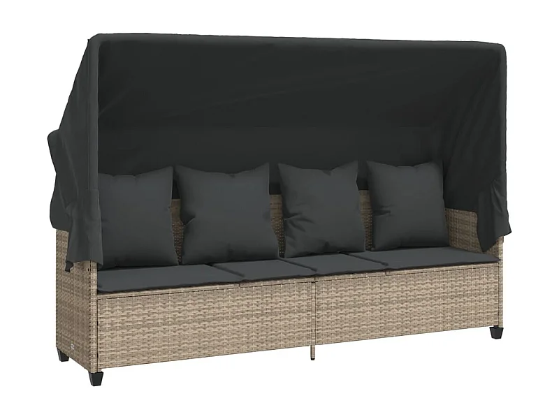 Chaise longue avec auvent et coussins gris clair résine tressée