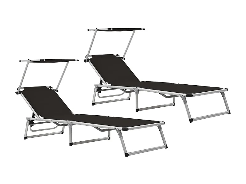 Chaises longues pliables et toit 2 pcs Aluminium textilène Noir