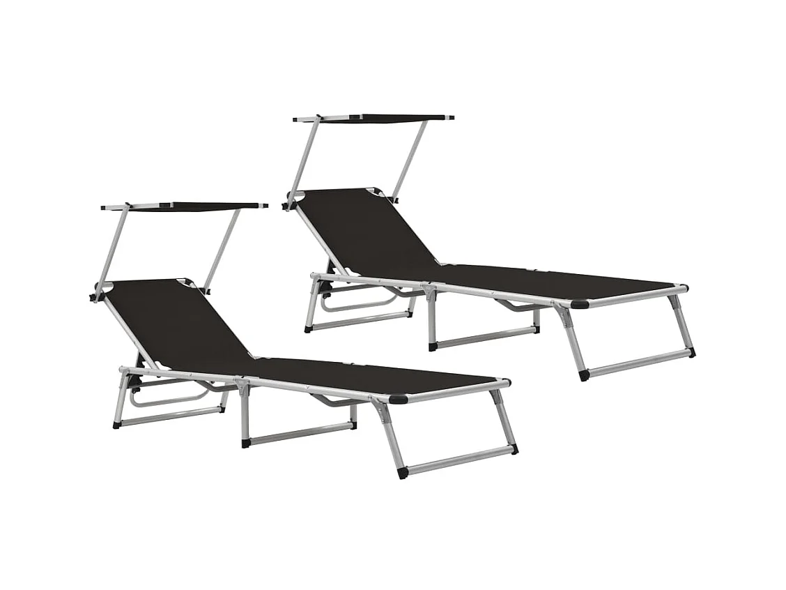 Chaises longues pliables et toit 2 pcs Aluminium textilène Noir