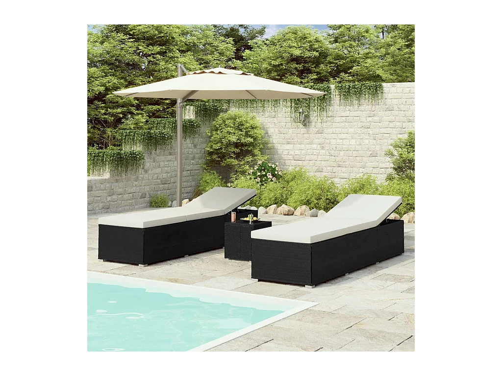 Chaises longues de jardin table à thé 3 pcs Résine tressée Noir
