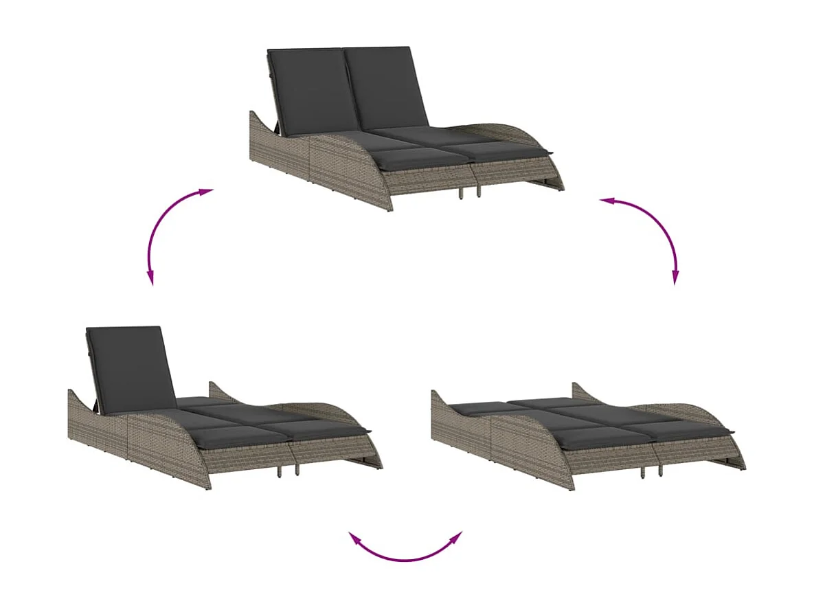 Chaise longue avec coussins gris 114x205x73 résine tressée