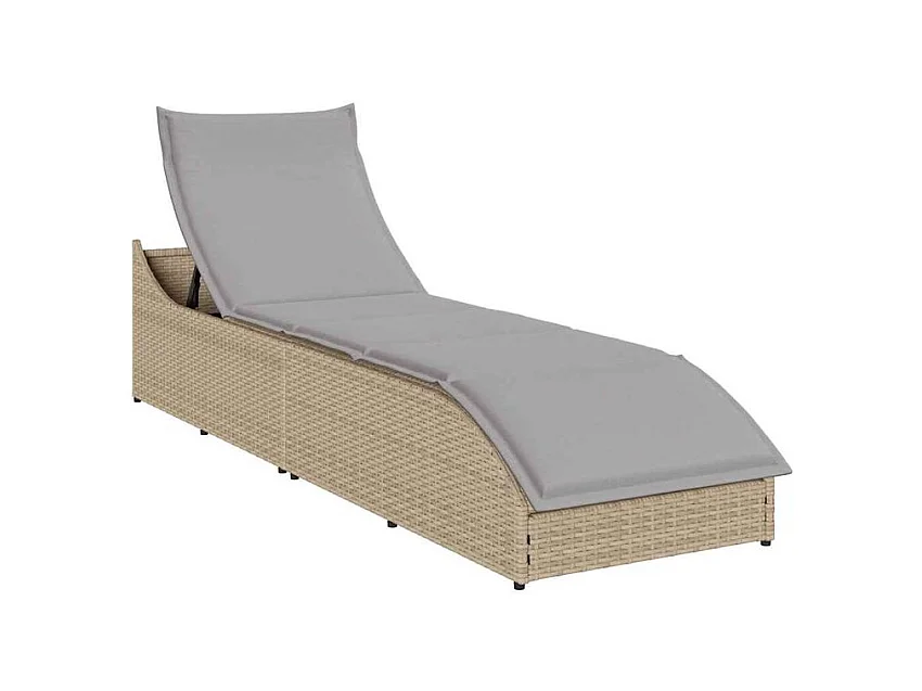 Chaise longue pliante coussin et rangement beige résine tressée
