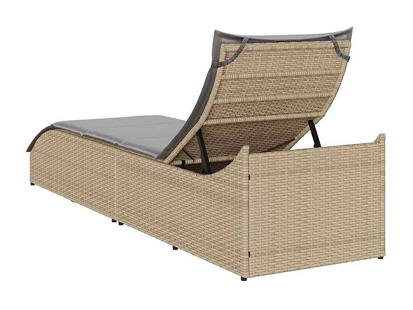 Chaise longue pliante coussin et rangement beige résine tressée