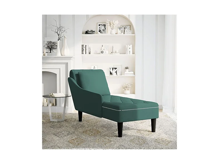 Fauteuil long et coussin et accoudoir droit vert foncé velours