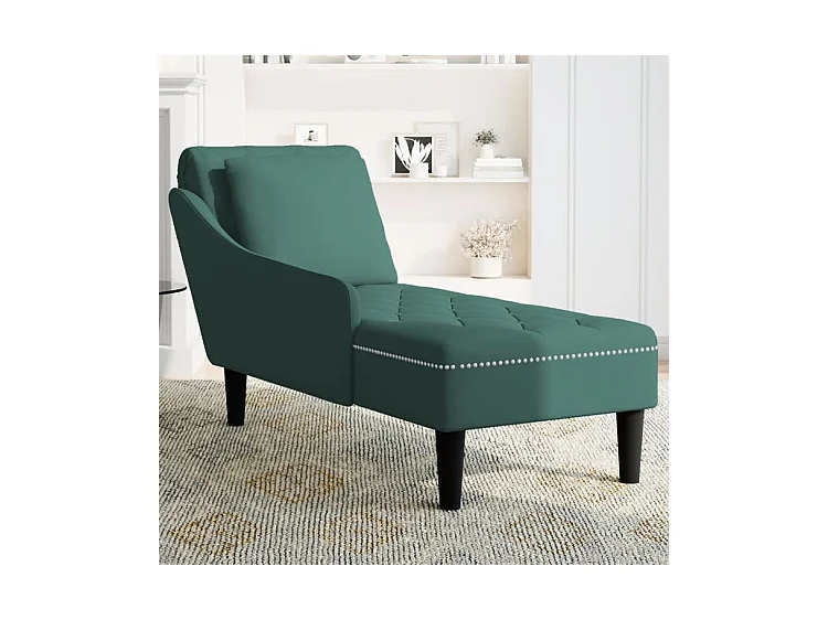 Fauteuil long et coussin et accoudoir droit vert foncé velours
