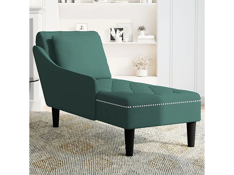 Fauteuil long et coussin et accoudoir droit vert foncé velours