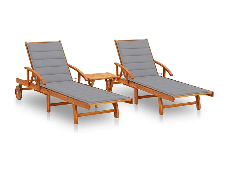 Chaises longues 2 pcs avec table et coussins Acacia solide 8