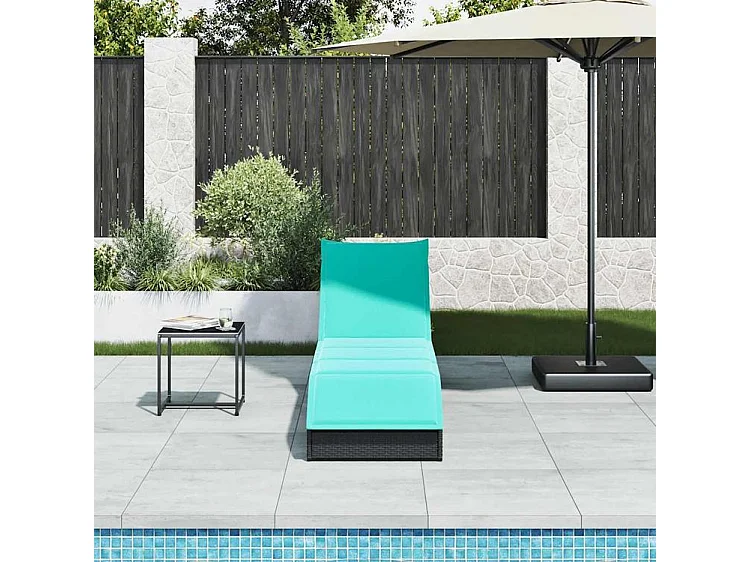 Chaise longue pliante coussin et rangement noir résine tressée