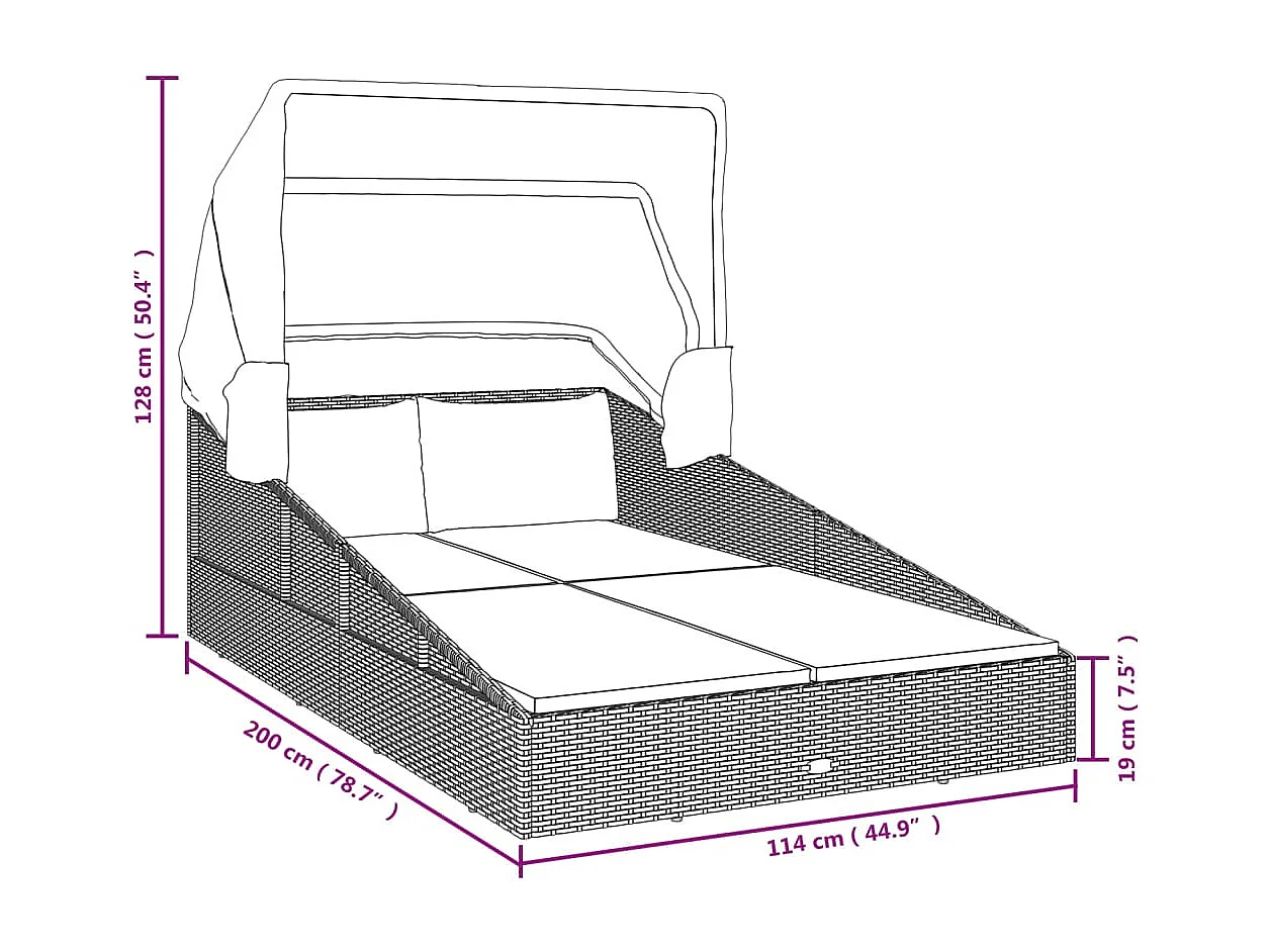 Transat avec toit pliable noir 200x114x128 résine tressée