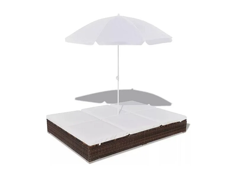 Lit de jardin réglable avec parasol résine tressée marron Uvo