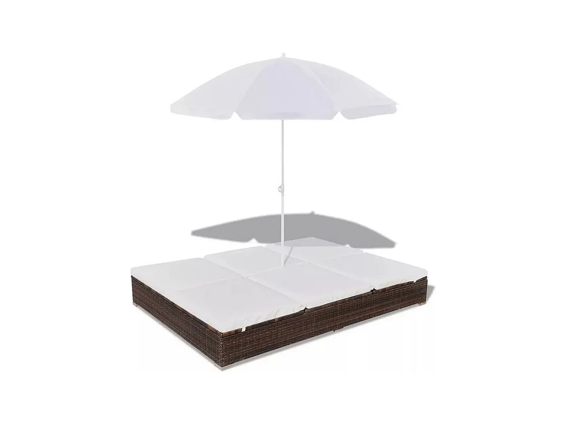 Lit de jardin réglable avec parasol résine tressée marron Uvo