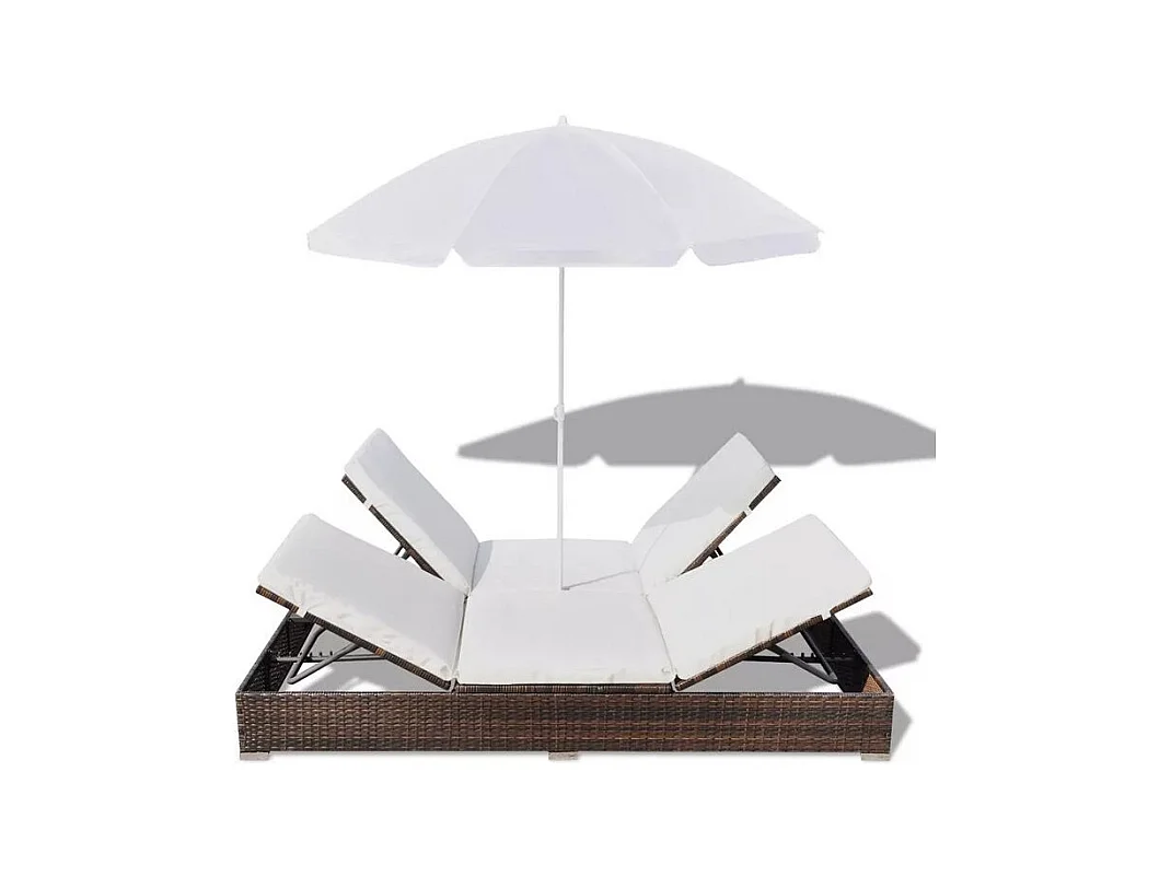 Lit de jardin réglable avec parasol résine tressée marron Uvo