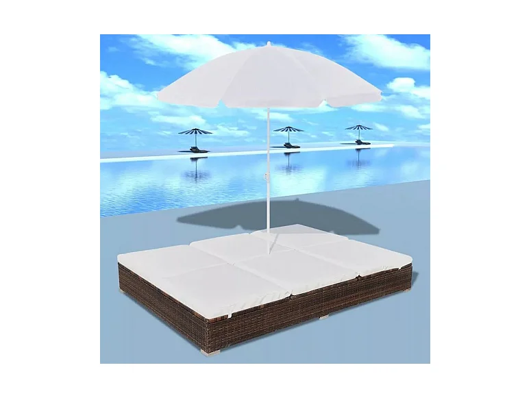 Lit de jardin réglable avec parasol résine tressée marron Uvo