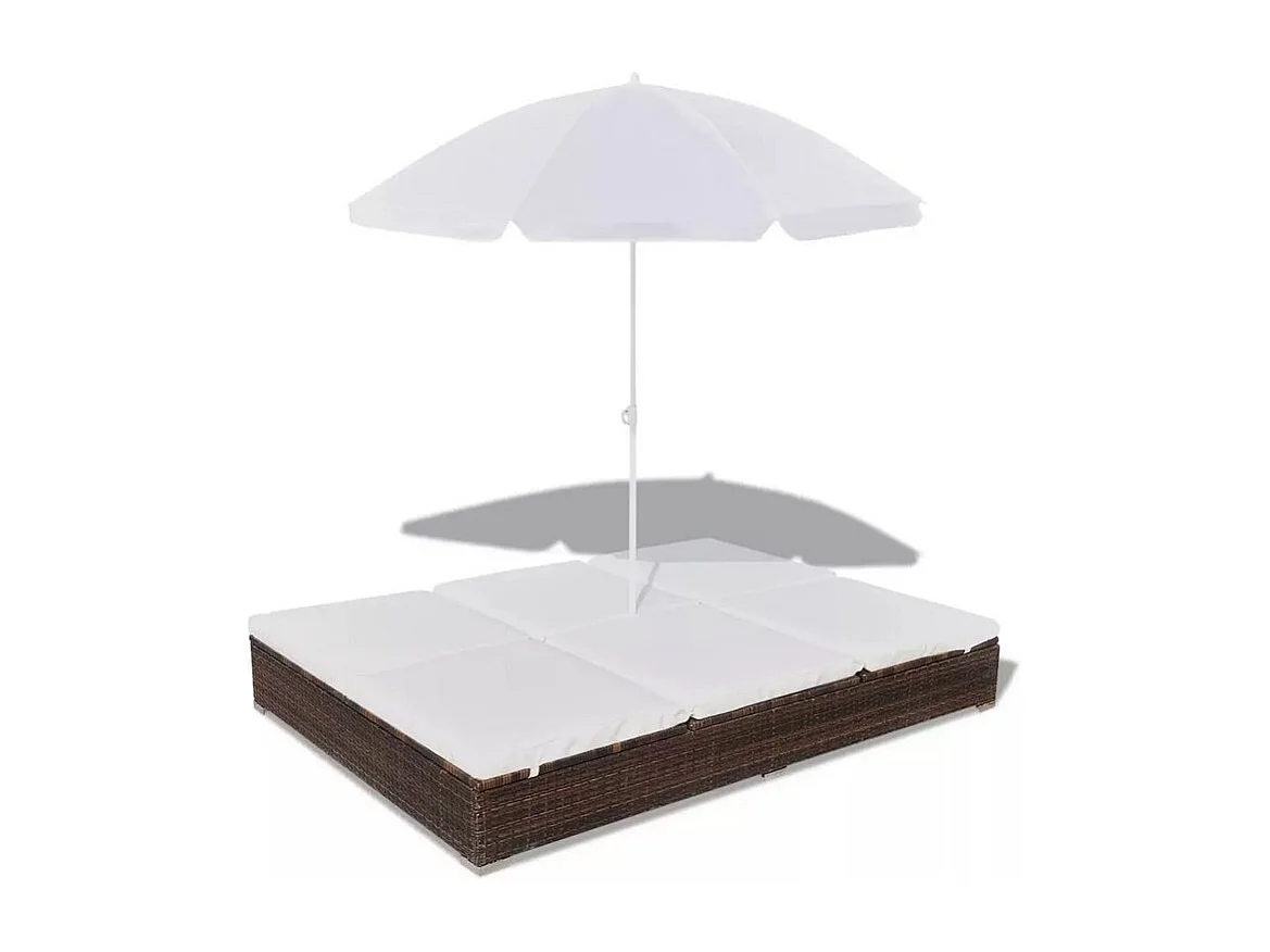 Lit de jardin réglable avec parasol résine tressée marron Uvo