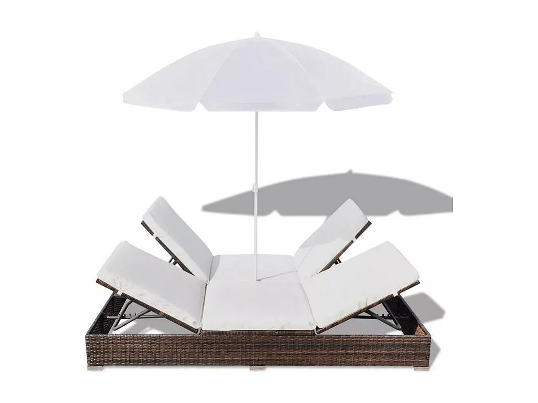 Lit de jardin réglable avec parasol résine tressée marron Uvo