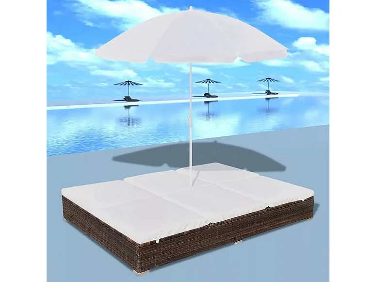 Lit de jardin réglable avec parasol résine tressée marron Uvo