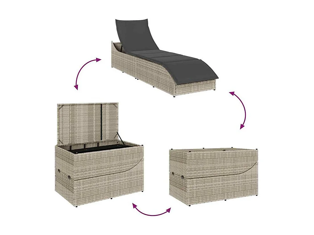 Chaise longue pliante coussin et rangement gris clair polyrotin