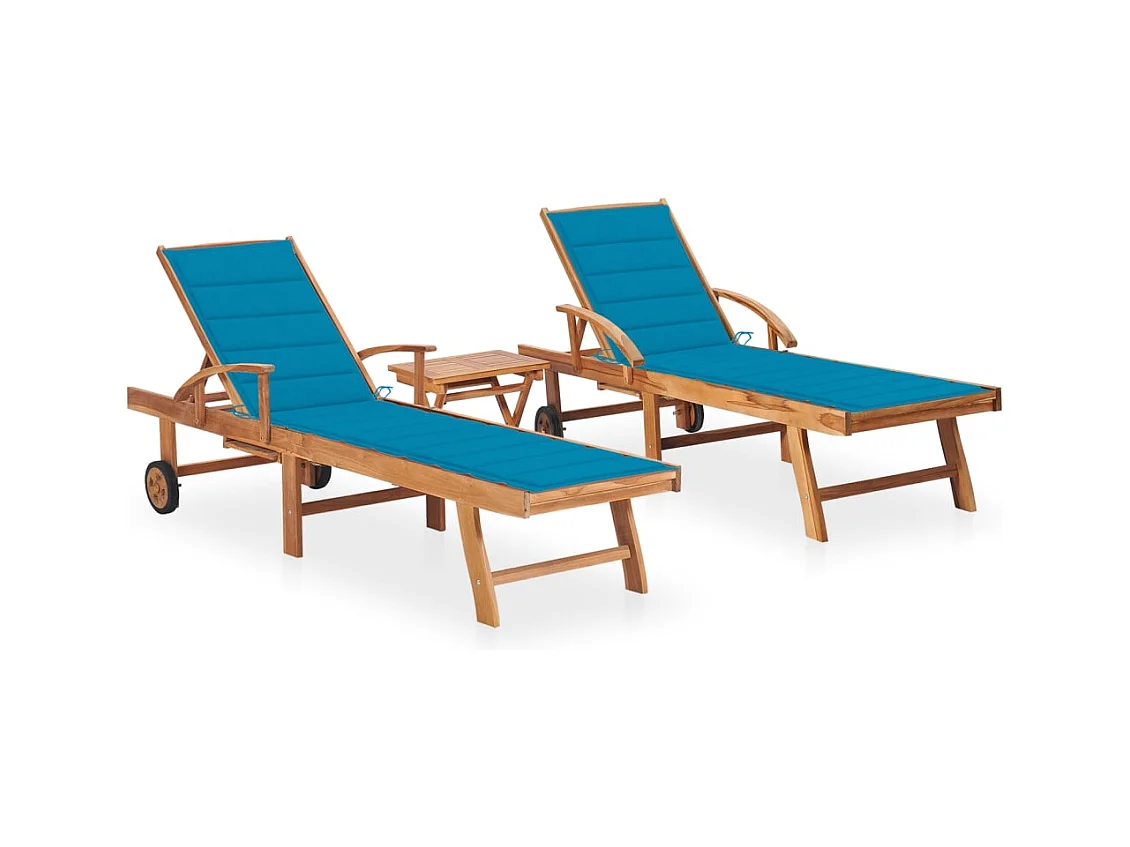 Chaises longues 2 pcs avec table et coussin Bois de teck solide 9